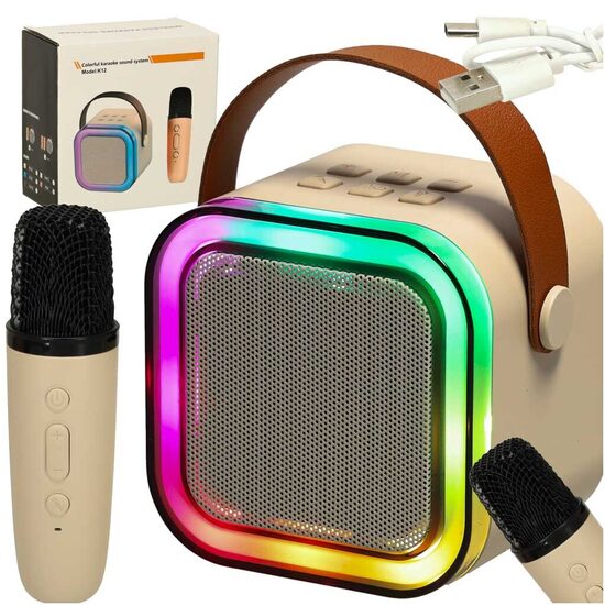 Karaoke skaļrunis ar mikrofonu BLUETOOTH USB LED bēšs