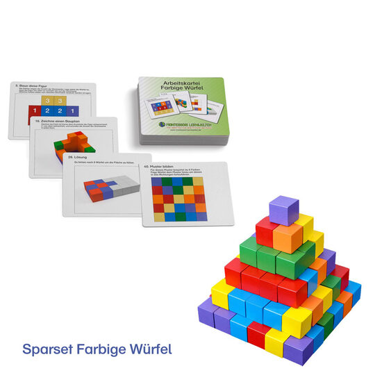 Krāsainie kubi ar uzdevumu kartītēm