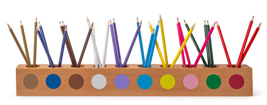 Montessori. Zīmuļu turētājs ar 30 krāsainiem zīmuļiem Montessori krāsās.